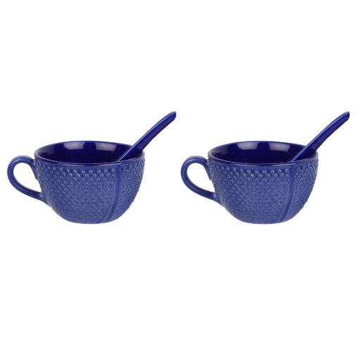 Soup Bowl Set Of Two With Two Soup Spoons Free Handcrafted Handpainted Leadfree Microwave Friendly In Blue Self Design