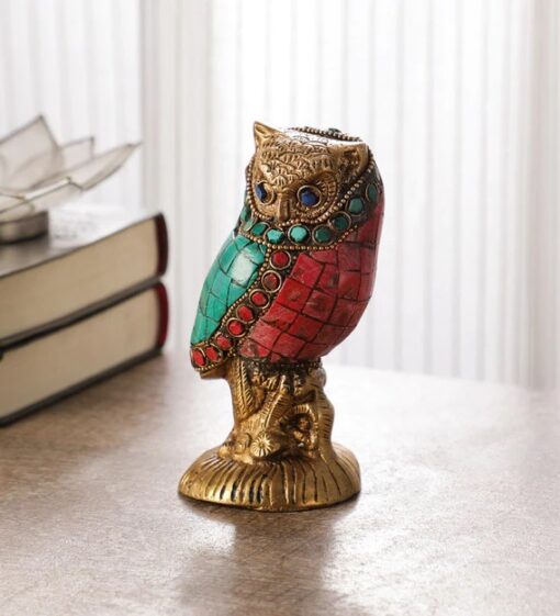 Brass Stone Studded Sitting Owl In Size Of 5