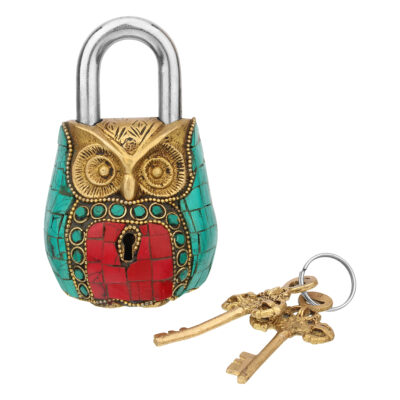 Handcrafted Brass Owl Lock Stone Studded