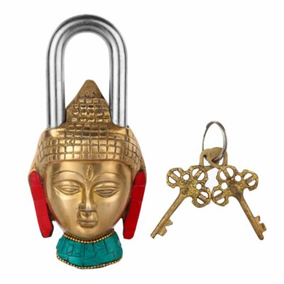 Handcrafted Stone Studded Brass Buddha Lock with Keys