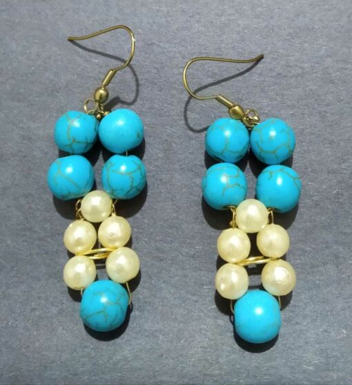 Handcrafted Pearl Turquoise Earrings Brass Stud Earrings