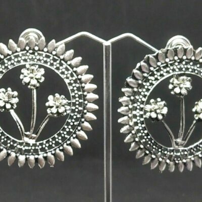 Oxidized Overlay Mandala Earrings Silver Hoop