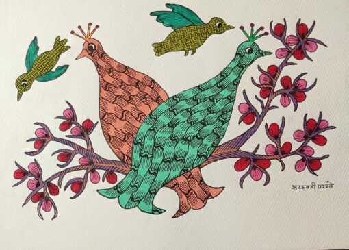 Handmade Peacock Pair Gond Art Painting On Paper.