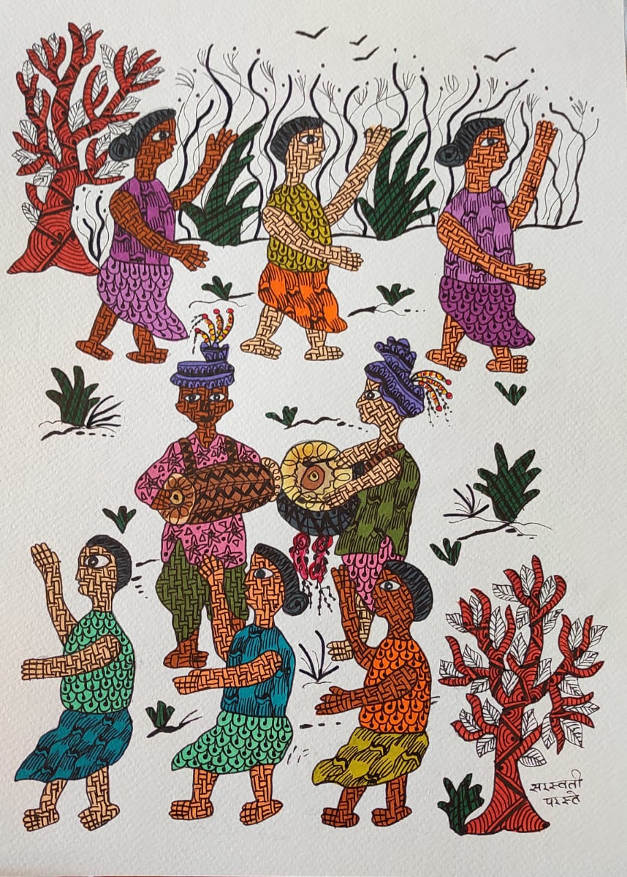 Tribal dance in the temple courtyard Painting - Crafttatva.com