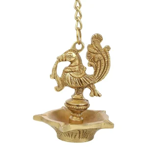 Handcrafted Hanging Peacock Diya Oil Lamp in Brass for Home Temple